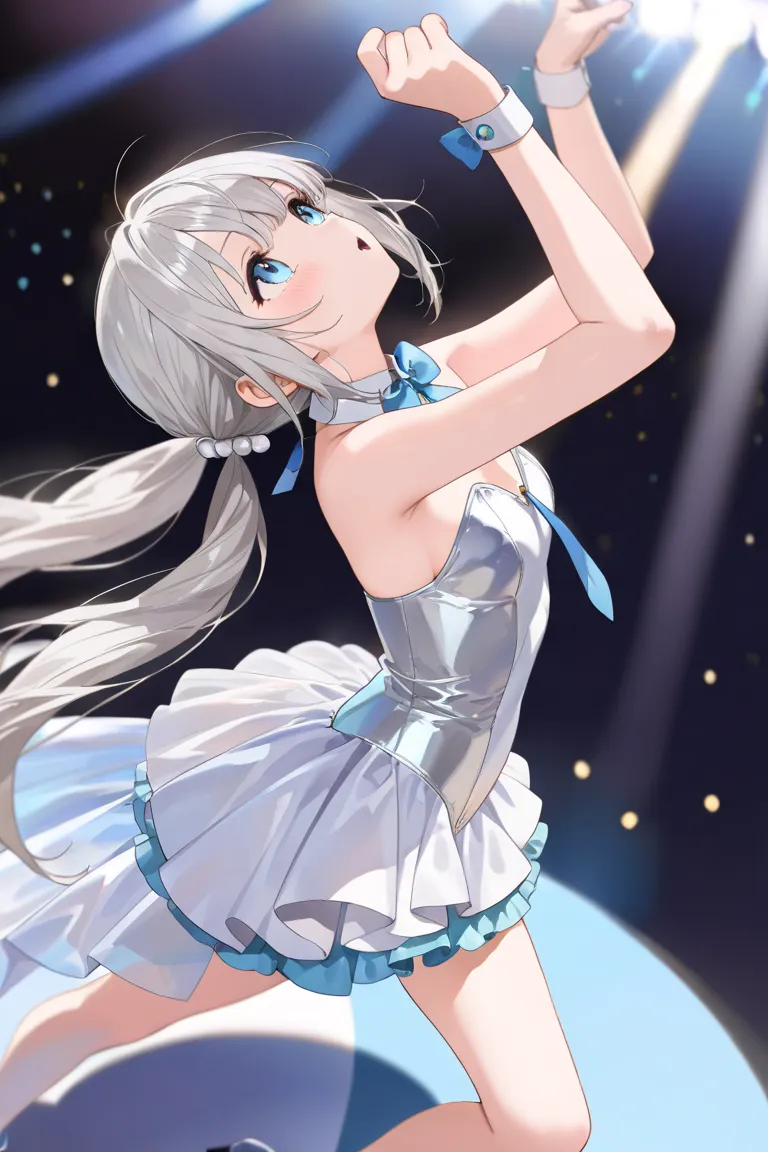 (looking up:1.3),(silver haired girl:1.2),dancing,stage costume
