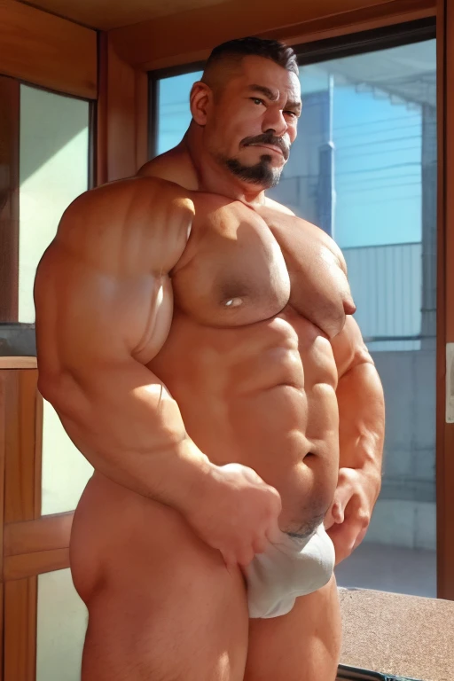 A portrait full body photograph A tractive mid age Japanese, heavy trucker-driver, balg Strong, muscular, hairy big belly bodybuilder, very short hair, very short goatee, huge nice bulge, wearing a very small white jockstrap showing pubis, epic realistic, ...