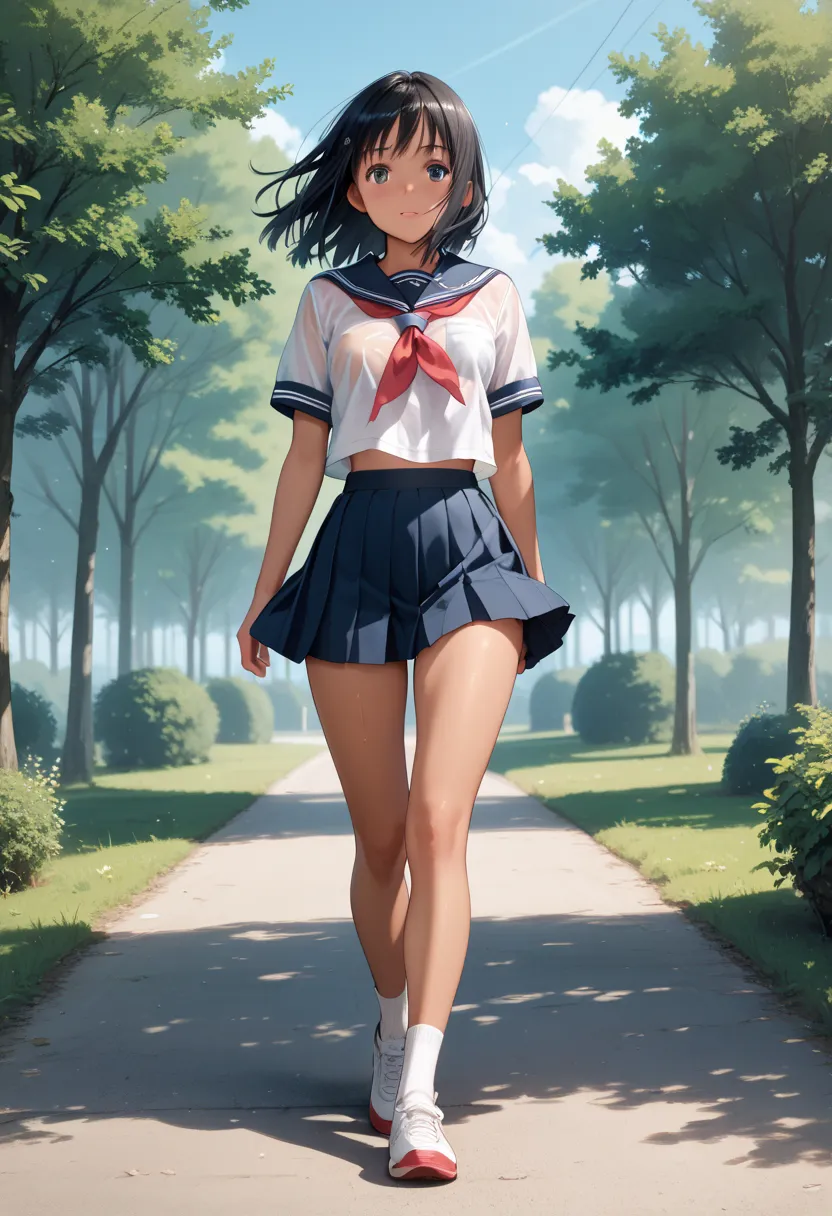 masterpiece, best quality, delicate illustration,ultra detailed skin, (yuuki mikan), Black Hair, 
(1girl:1.2), (tan:1.0), See-through (summer school uniform:1.1), (micro:1.2) (skirt), (Having fun walking:0.8), (ass:0.7), (midsummer), no bra, (no panties:1....