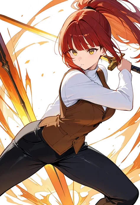 masterpiece, best quality, very aesthetic, absurdres, turtleneck white long sleeve shirt, brown vest, black long pants, ponytail hair style, blunt bangs, dynamic pose, wield the sword,