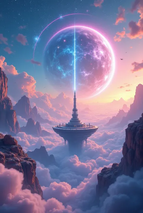 Ultra-realistic cinematic scene of a surreal cosmic landscape featuring floating islands, vibrant pastel skies, and luminous energy streams, extreme realism, rich in details, masterpiece quality, 8K, anatomically perfect.