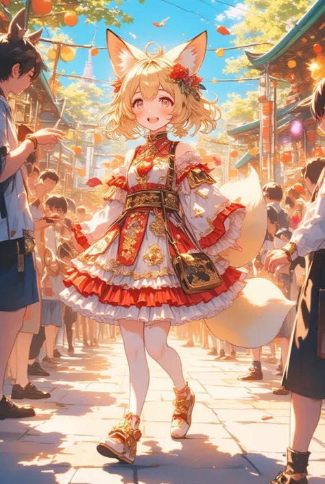 watercolor, cute, fox ears, fox tail, The shrine grounds are filled with the lively sounds and laughter of the festival. Among the crowd, a beautiful fox spirit dressed in frilly attire joyfully walks around. Her outfit, adorned with vibrant red and white ...