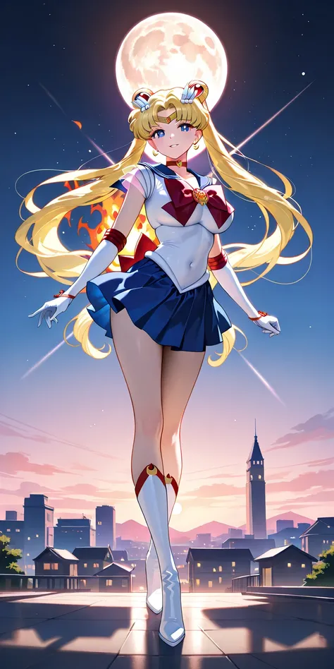 Masterpiece, elegant mature woman, sailor moon\(sailor moon\), tall body, big breast, sailor senshi uniform (sailor senshi uniform shirt, sailor senshi uniform gauntlets, sailor senshi uniform skirt, sailor senshi uniform high boots, yellow tribal flame on...