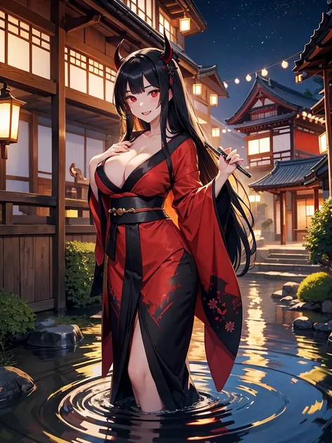  A medieval town in Japan 、Night at Heian-kyo 、Female demon、 completely naked woman 、 has black glossy horns on her forehead、 big breasts、 double teeth、 red eyes、Long black hair、 holding a metal rod 、 tight hips in the water、 in a loose kimono 
