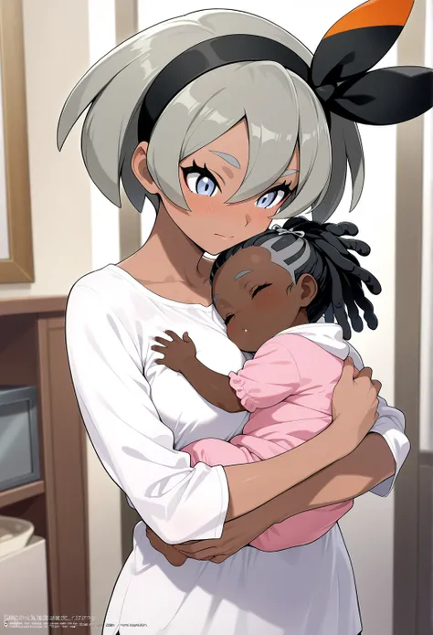 high resolution picture, masterpiece, best quality, amazing quality, official art, source_anime, best quality, perfect face, 1boy, 1girl, bea from pokemon, pokemonbea, blue eyes, dark skin, dark-skinned female, grey hair, hair between eyes, short hair, rib...