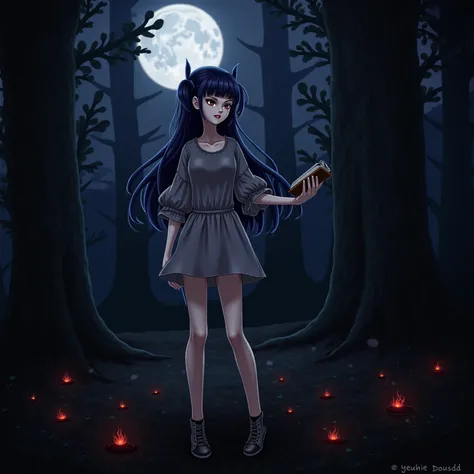 1 Fille Anime, cheveux long et bleu très foncé avec une frange, une peau très pale, corps proportionnel, des yeux perçants, vêtue d'une petite robe, tenant un grimoir dans la main gauche, au milieux d'une forêt réaliste sombre avec une grande lune et quelq...