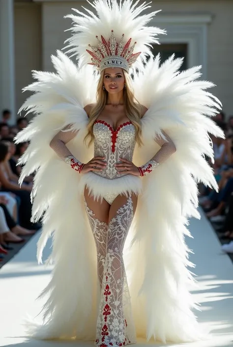 Design a white and red lace haute couture dress for the carnival queen of the country of beautiful and wonderful England, Show parading, lots of feathers and white and red sequins, She is parading at the Brazilian Sambadrome 