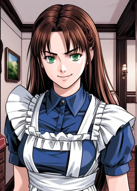 (ultra-detailed, Best quality, extremely detailed CG, super detailed skin, high resolution,), twilighthotel,1girl, brown hair, longhair, green eyes, Stinking eyes, smirk, maid, 