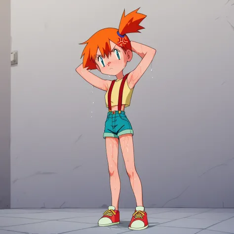 Anime screencap, score 9, score_8_up, score_7_up, score_6_up, source anime, torture room, 1 girl, full body, petite girl, (loli height), ((short height: 1.3)), (short stature), misty \(pokemon\) offering her armpits to a man: 1.7, side ponytail, yellow tan...