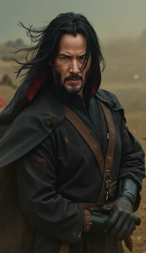 Keanu Reeves like Kenshi would be a powerful fusion of wisdom , struggle and a touch of mystery . Imagine Keanu wearing Kenshi's costume , with a black upper part and red details , that highlight his noble and warrior posture . His face would be calm...