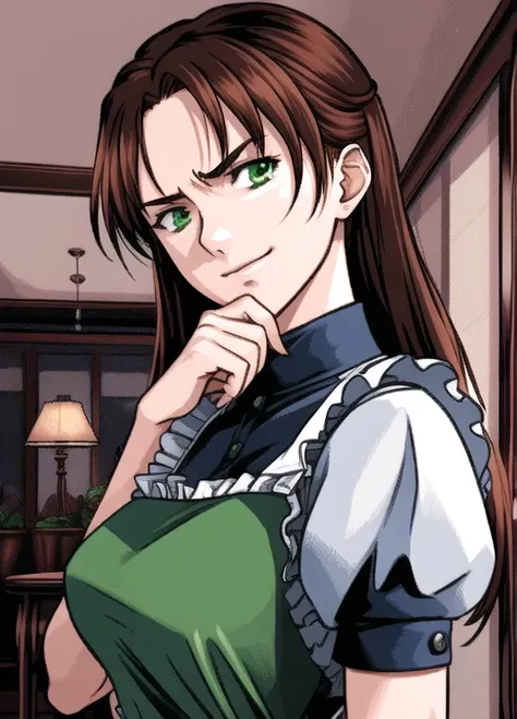 (ultra-detailed, Best quality, extremely detailed CG, super detailed skin, high resolution,), twilighthotel,1girl, brown hair, longhair, green eyes, maid, Head tilted back, expression of disdain, smirk, Place your right hand under your chin and your left h...