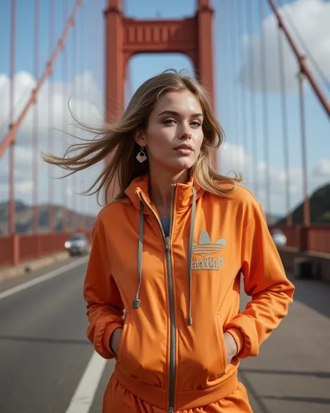 Snap shot of Holli with the golden gate bridge in the background. Windy. Track suit 