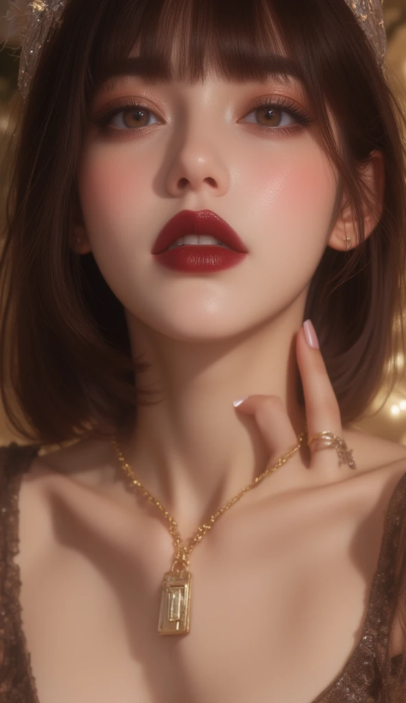  super high resolution, 16k,  masterpiece,  top quality,  Surrealism, woman,  ((   Straight Bangs to Cover Your Face ,  Dark Wing Eyeliner ,  Bordeaux Matte Red Lipstick , White and smooth skin, Long nails, Light Glowing Nail Polish ,  Gold Necklace and Sm...