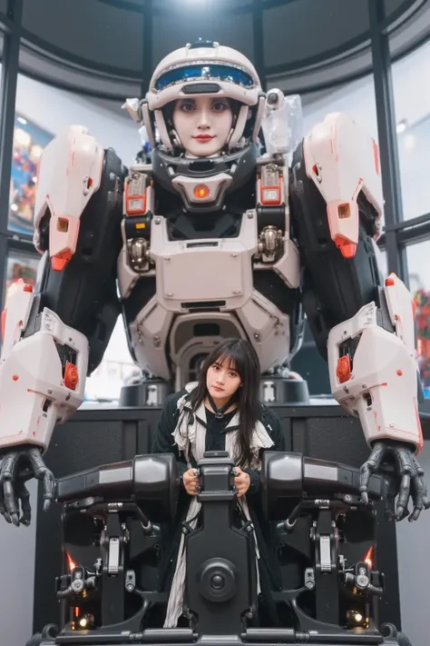 "An action-packed scene showing a female pilot in a futuristic robot cockpit, with intricate control panels and glowing lights around her. The cockpit is inside a large humanoid robot, with sleek metallic surfaces, large windows showing a distant cityscape...