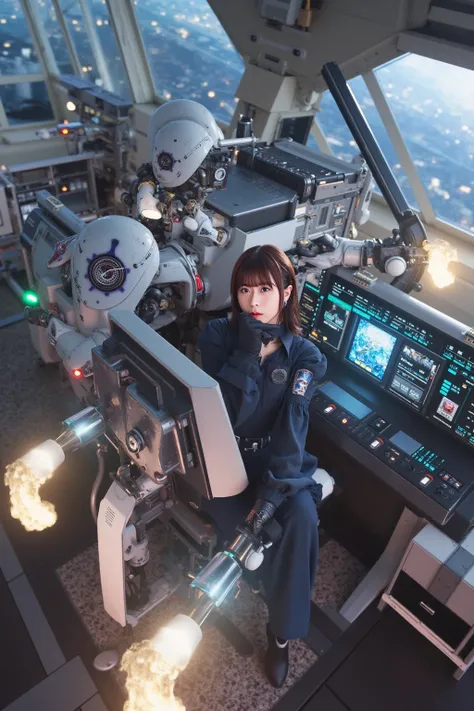 "An action-packed scene showing a female pilot in a futuristic robot cockpit, with intricate control panels and glowing lights around her. The cockpit is inside a large humanoid robot, with sleek metallic surfaces, large windows showing a distant cityscape...