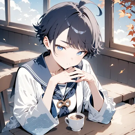 masterpiece, high score, great score, absurdres, 1boy, アラナミナギ, slim, very short black hair, ahoge, swept bangs, (spiky hair:0.7), (thick eyebrows:0.8), (jitome:0.7), blue eyes, delicate fingers, holding coffee cup,white haori with navy gradient, seigaiha p...