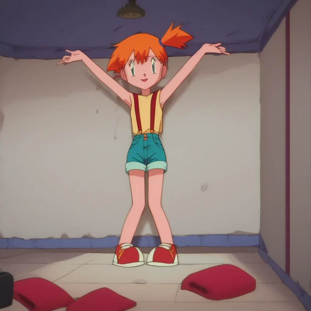 Anime screencap, score 9, score_8_up, score_7_up, score_6_up, source anime, torture room, 1 girl, full body, misty \(pokemon\) offering her armpits to a man, side ponytail, yellow tank top, suspenders, denim shorts, masterpiece