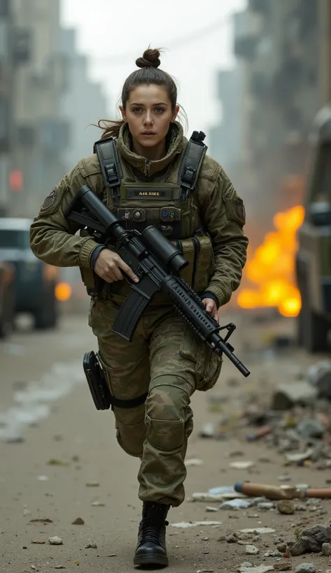 A fierce and determined female army officer sprints forward through the chaotic streets of an urban battlefield, embodying strength and resilience. She has an ideal, well-proportioned physique built for agility and endurance. Her long bob hairstyle is neat...