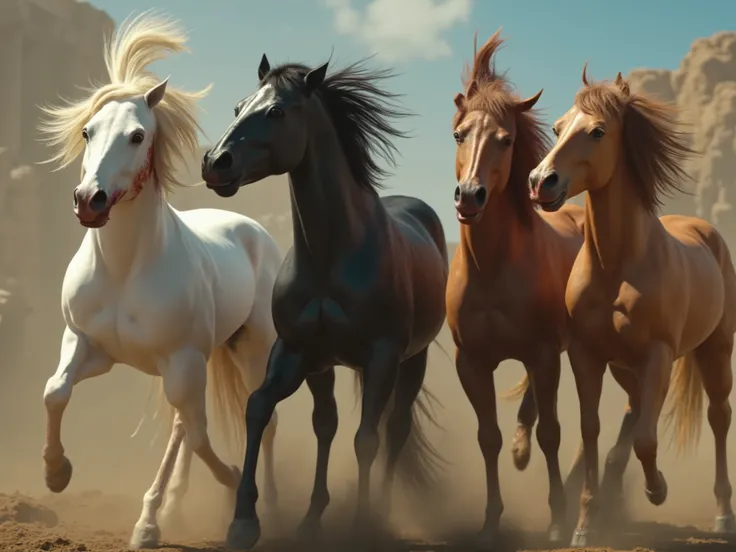 four horses, in ancient Greece, cinematic, dramatic. The horses are colored white, black, chestnut and caramel. with their faces covered in blood.