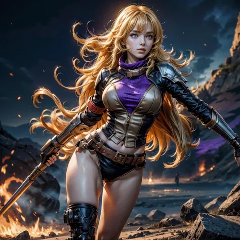 yangxiaolong, yang xiao long, long hair, blonde hair, large breasts, (purple eyes:1.3), ahoge, bangs, BREAK wearing military combat clothing, sleeveless, mechanical arms, single mechanical arm, prosthesis, prosthetic arm, concerned expression BREAK running...