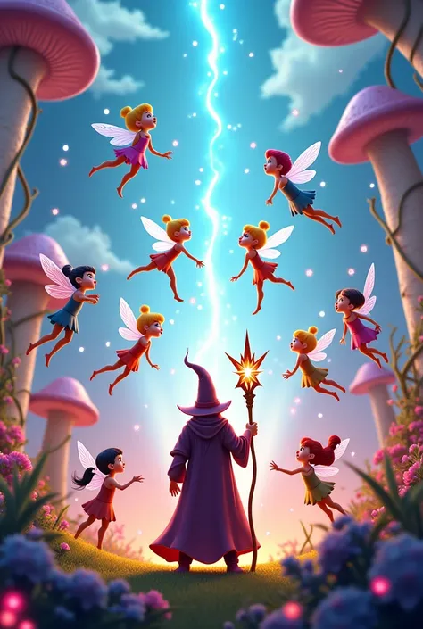 8 Pixar-style fairy sisters fighting with the wizard