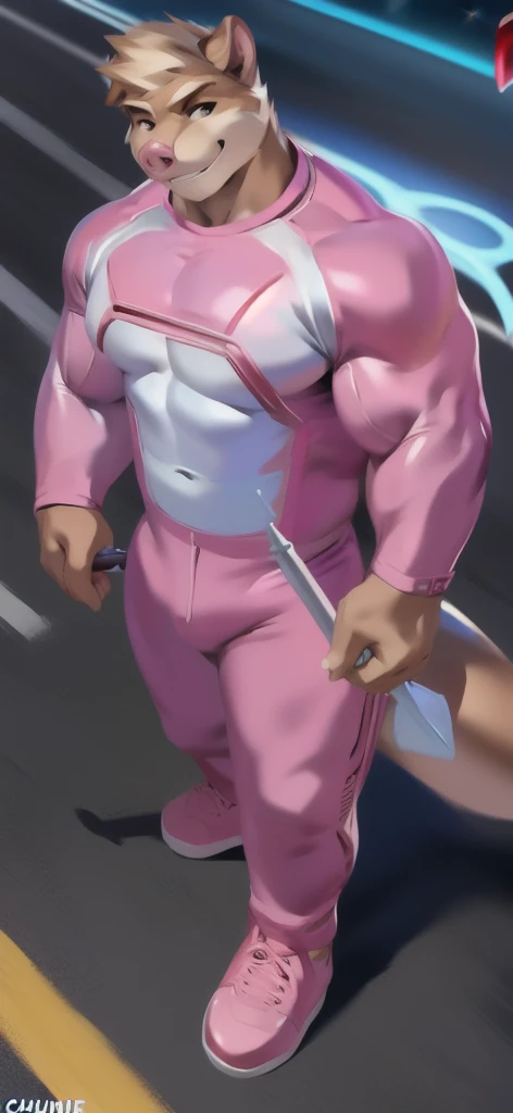  alone, male Tall​,huge​ body​, stand,Holding the magic staff of an angel., road, ​pig otter ​ ,  pink military spacesuit,  heavy overload,  muscle bundle, smirking,by chunie ​