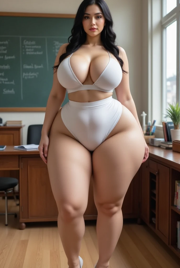  The sexy plus size woman's blouse with generous curves ,   hourglass shaped body,   wide hips,   thin waist,  voluptuous,  curvilinear,  with thick legs,   huge ass, small busts ,    wears a short white ballerina style ,   white tank top,  white heel, She...