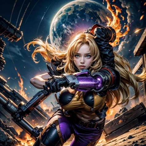 yangxiaolong, yang xiao long, long hair, blonde hair, large breasts, (purple eyes:1.3), ahoge, bangs, BREAK wearing military combat clothing, sleeveless, mechanical arms, single mechanical arm, prosthesis, prosthetic arm, concerned expression BREAK running...