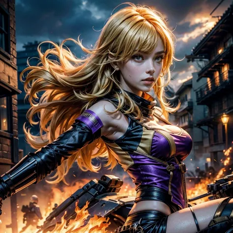 yangxiaolong, yang xiao long, long hair, blonde hair, large breasts, (purple eyes:1.3), ahoge, bangs, BREAK wearing military combat clothing, sleeveless, mechanical arms, single mechanical arm, prosthesis, prosthetic arm, concerned expression BREAK running...