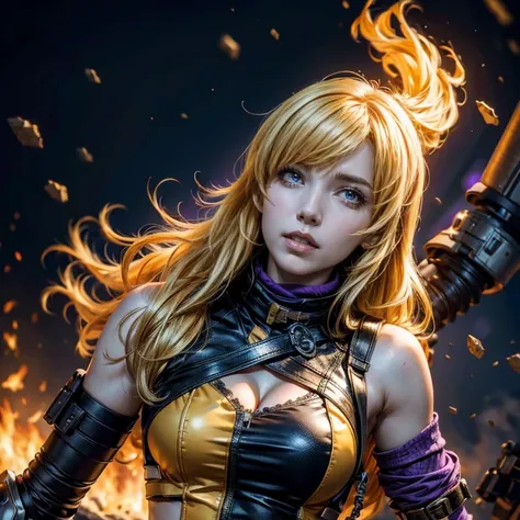 yangxiaolong, yang xiao long, long hair, blonde hair, large breasts, (purple eyes:1.3), ahoge, bangs, BREAK wearing military combat clothing, sleeveless, mechanical arms, single mechanical arm, prosthesis, prosthetic arm, concerned expression BREAK running...