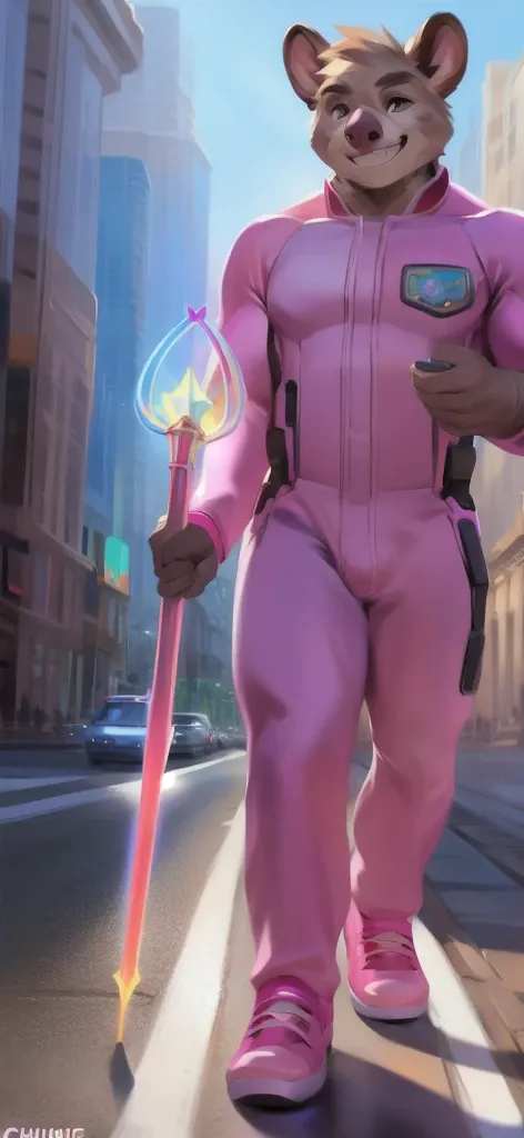  alone, male Tall​,huge​ body​, stand,Holding the magic staff of an angel., road, ​pig koala ​ ,  pink military spacesuit,  heavy overload,  muscle bundle, smirking,by chunie ​