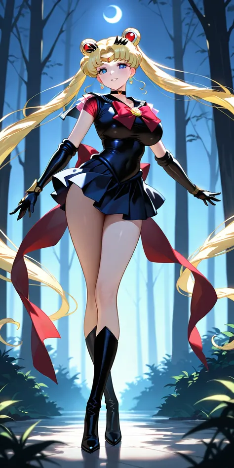 Masterpiece, elegant mature woman, princess sailor moon\(sailor moon\), tall body, big breast, black sailor senshi uniform (black sailor senshi uniform skirt, black sailor senshi uniform gauntlets, black sailor senshi uniform high boots), parted lips, smil...