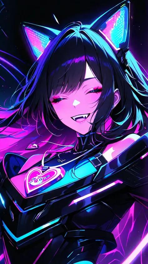 A girl with cat ears, long black hair with a neon gradient of pink, blue and yellow, a dazzling smile with fangs, glowing bluish skin, closed eyes, an expression of joy, a black off-the-shoulder dress, an elegant necklace with a heart pendant, slightly glo...