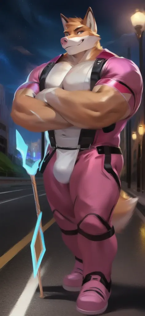  alone, male Tall​,huge​ body​, stand,Holding the magic staff of an angel., road, ​pig fox ​ ,  pink military spacesuit,  heavy overload,  muscle bundle, smirking,by chunie ​