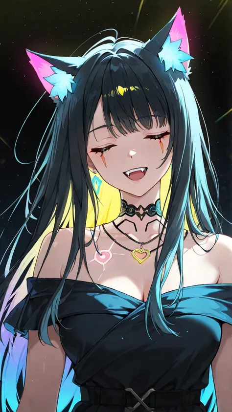 A girl with cat ears, long black hair with a neon gradient of pink, blue and yellow, a dazzling smile with fangs, glowing bluish skin, closed eyes, an expression of joy, a black off-the-shoulder dress, an elegant necklace with a heart pendant, slightly glo...