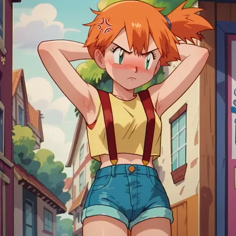 anime screencap, score_9,  score_8_up, score_7_up, score_6_up, source_anime, 1girl, solo, misty \(pokemon\), side ponytail, blush, yellow tank top, suspenders, denim shorts, offering her armpits, anger, masterpiece