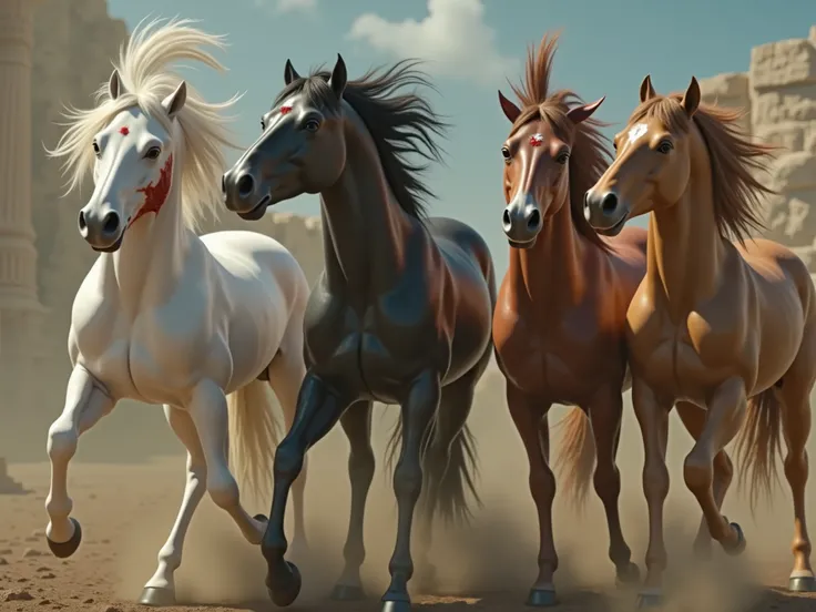 four horses, in ancient Greece, cinematic, dramatic. The horses are colored white, black, chestnut and caramel. with their faces covered in blood.