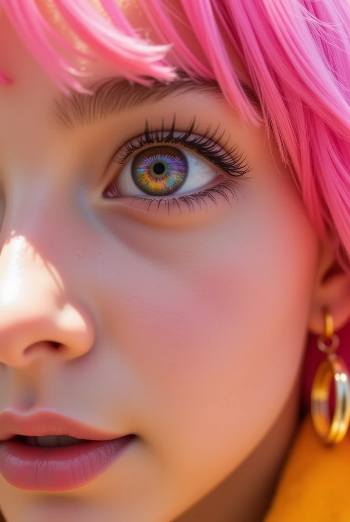 Low-angle, profile, close-up, girl, vibrant, glossy, detail, big eyes, colorful iris, pink, orange, purple, vibrant iris that captures light, pink hair, gold jewelry, earrings, bracelets, playful expressions, slightly open mouth, staring down, dynamic pose...