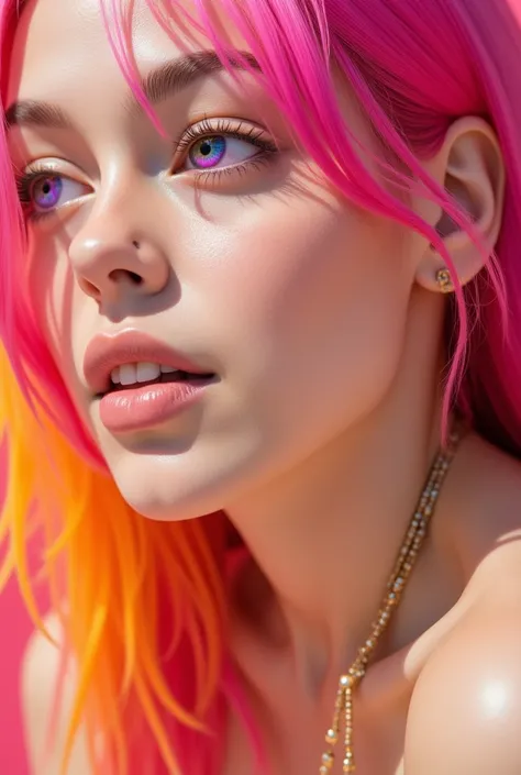 Low-angle, profile, close-up, girl, vibrant, glossy, detail, big eyes, colorful iris, pink, orange, purple, vibrant iris that captures light, pink hair, gold jewelry, earrings, bracelets, playful expressions, slightly open mouth, staring down, dynamic pose...