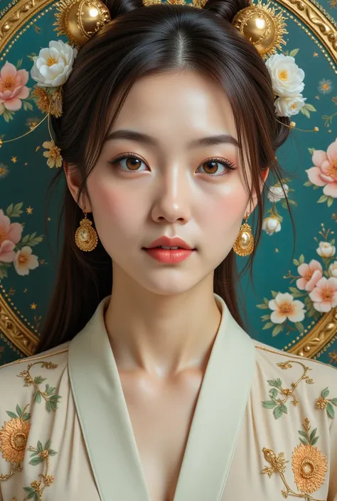 32k, masterpiece, top quality, (Korean middle aged woman) close-up, 3/4, female, pale, vibrant, wild, elaborate, cream, teal, gold, gold, golden, circular, sword, spear, dark, autumn leaves, flowers, mysterious, fantastic, detailed, painterly, dramatic, an...