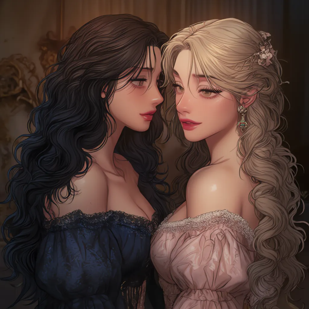 A woman with dark blue curly long hair, blue eyes,        Glossy skin, juicy plump lips, curled eye lashes, light skin, dressed in a dark blue rococo dress, looking at and sitting closely to a shorter woman with yellowish straight long blonde hair, detaile...