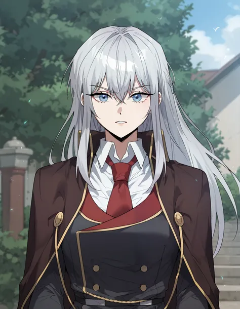 score_9_up, score_8_up, score_7_up, (manhwa art style), high detail face, best quality, absurd res, solo, 1girl, Seria_Yurdina, Blue eyes, Silver hair, Long hair, Academy uniform, cowboy shot