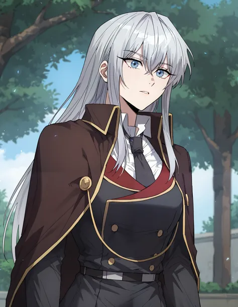 score_9_up, score_8_up, score_7_up, (manhwa art style), high detail face, best quality, absurd res, solo, 1girl, Seria_Yurdina, Blue eyes, Silver hair, Long hair, Academy uniform, cowboy shot