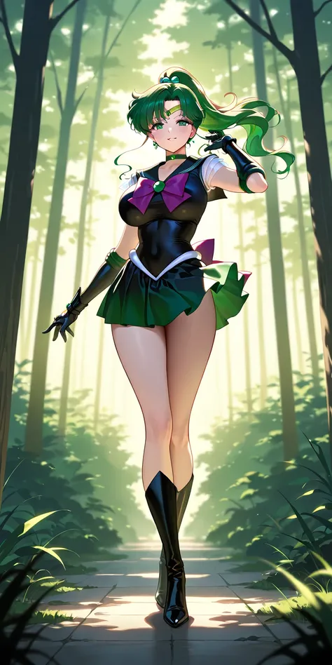 Masterpiece, elegant mature woman, sailor jupiter\(sailor moon\), tall body, big breast, black sailor senshi uniform (black sailor senshi uniform skirt, black sailor senshi uniform gauntlets, black sailor senshi uniform high boots), parted lips, smile, dee...