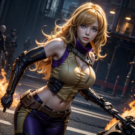 yangxiaolong, yang xiao long, long hair, blonde hair, large breasts, (purple eyes:1.3), ahoge, bangs, BREAK wearing military combat clothing, sleeveless, mechanical arms, single mechanical arm, prosthesis, prosthetic arm, concerned expression BREAK running...