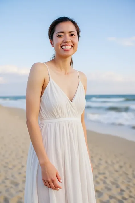 high resolution, rich contrast, best quality, intricate,  1girl , Alone,  white dress , ((full body)),  (Chiffon Empire line dress),  slim figure, sandy beaches, Wave splash, Wet Dress , Entering the ocean、Waves at your feet