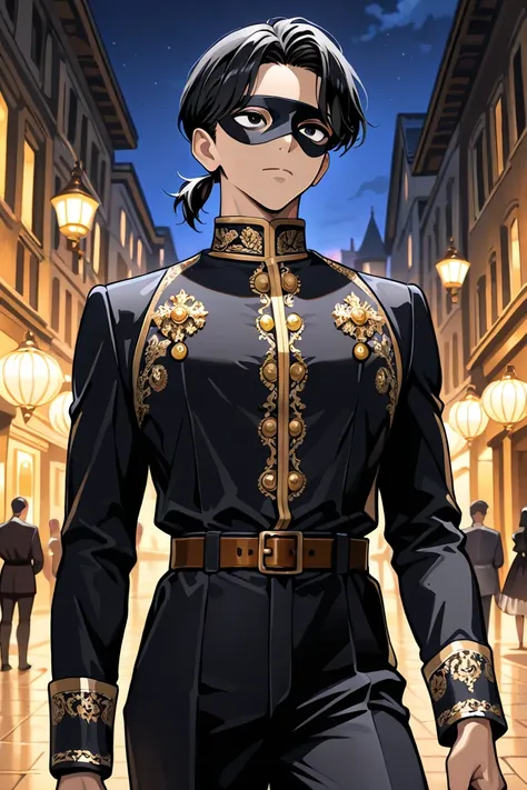 MASTERPIECE, BEST QUALITY, ULTRA DETAILED, HIGH DEFINITION, ILLUSTRATION, HYPER DETAILED, ALONE, 1boy, thin toned, medium-short hair, black hair, black eyes, short ponytail. Outfit: white eye mask, black shirt, black vest, gold buttons, long sleeves, brown...