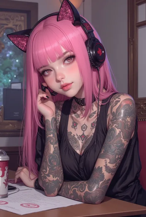 In an uploaded photo of a person's face、Has pink hair and tattoos ,   digital art  by Ilya Kuvshinov, Tumbler,   digital art , Shaved Head,  ilya kuvshinov . 4k yen, guweiz style art,  cute detailed artwork, Shaved Hair,   beautiful work  ,  breathtaking I...