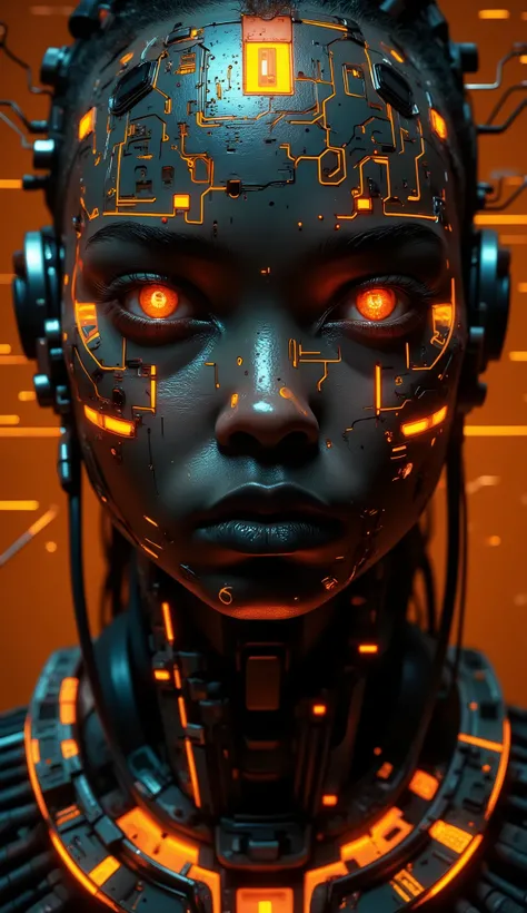A futuristic close-up portrait of an African woman with dark, glossy skin, blending tribal and cyberpunk aesthetics. Her face is fully frontal and symmetrical, adorned with glowing orange geometric patterns resembling digital circuits or ritual markings. H...