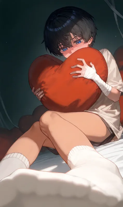 1boy, , , (ciloranko:0.9), lack,foreshortening, black hair,closed mouth, blue eyes,solo , cinematic, masterpiece, best quality, good quality, newest, highres, absurdres,shota,over sized tan shirt,no shoes,blushing,hugging heart pillow,bandaged arm,